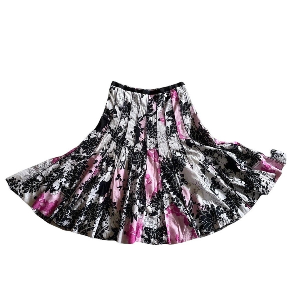 Focus Life Style Floral Midi Skirt Womens 4 Pink Black White Cotton A-Line Lined